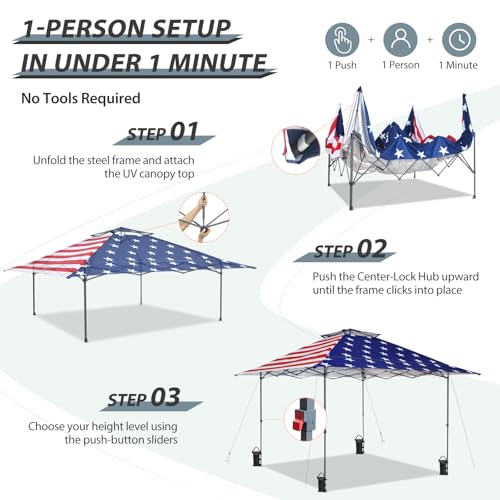 EAGLE PEAK 13x13 Straight Leg Pop Up Canopy Tent Instant Outdoor Canopy Easy Single Person Set up Folding Shelter w/Auto Extending Eaves 169 Square Feet of Shade (American Flag)