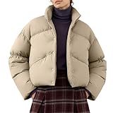 ARCTHLEX Women's Short Down Jacket Cropped Winter Coat Button Lightweight Puffer Jacket Without Hood for Winter Warm Cozy Khaki