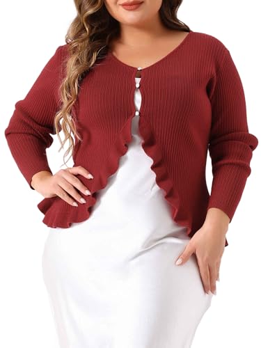 Agnes Orinda Plus Size Cardigans for Women Long Sleeve Knit Sweater Open Front Ruffled Button Cardigan Outerwear