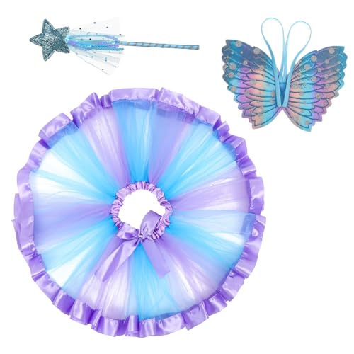BESPORTBLE Disfraz de para Niñas con Falda Tutú de Tul Azul Alas y Varita Set Completo para Fiestas y Halloween Vestido de Resistente y Duradero
