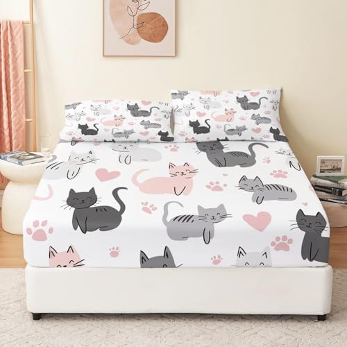 Lindo Gato Dibujos Animados Sábana Ajustable Estampada de Microfibra 90 x 190 cm, con Bolsillo Profundo de Microfibra de 30 cm Gris Rosa Sábanas Ajustables con 2 Fundas de Almohada