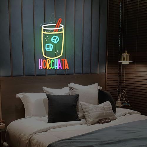 Image of Horchata Neon Signs for Wall Decor Dimmable Colorful LED Light with Ice Cubes Straw USB Powered Fun Light up Sign for Latin Restaurants Food Stalls Cafes Bars Kitchens