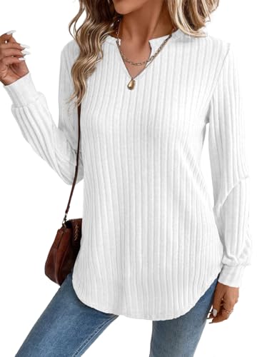 SHEWIN Womens Tops Casual V Neck Lightweight Early Fall Fashion 2025 Cozy Soft Fall Outfits for Women 2025 White Small
