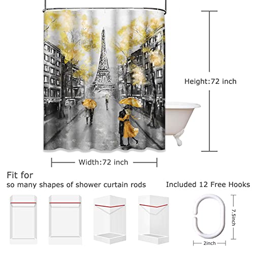Emvency Shower Curtain Oil Painting Paris European City Landscape France Eiffel Tower Black White And Yellow Modern Couple Under Waterproof Polyester Fabric 72 X 72 Inches Set With Hooks #TOP3