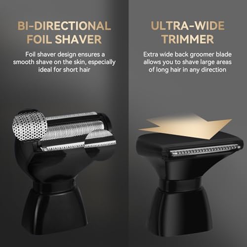 ZOMU Ultimate PRO Back Shavers for Men Body Shaver with Adjustable Extreme Reach Handle, Body Groomers Men's Electric Back Shaver with Nose Hair Trimmer Set and 2 Shock Absorber Flex Heads - Black