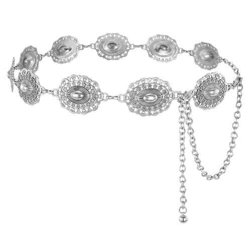 Image of LEACOOLKEY Women Turquoise Concho Chain Waist Belt Silver Western Cowgirl Metal Chain Belt for Dress Adjustable
