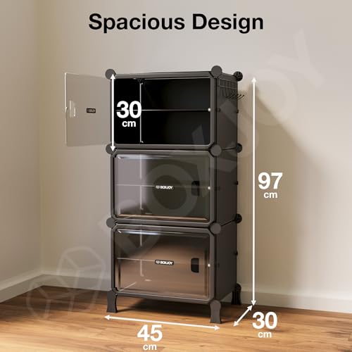 Image of BOXJOY 6 Shelf Shoe Rack with 3 Doors, Magnets and 5 Hook Steel Holder for Home Storage Box Organizer, Hard PET Plastic with Metal Frame, Shoe Chappal Slipper Sandals Stand(Black, Transparent Door)