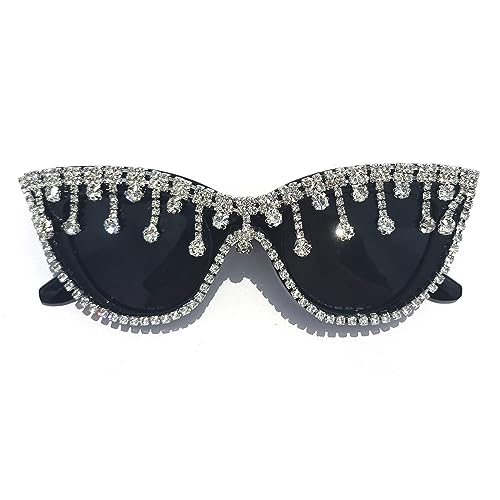 willochra Cat Eye Women Tassel Sunglasses Crystal Rhinestone Sparkling Bejewelled Sunnies Funky party sunglasses