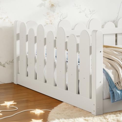 Image of Bellemave Full Size Kids Montessori Floor Bed,Floor Bed Frame with Rounded Safety Guardrail,Solid Wood Montessori Bed for Girls Boys,White