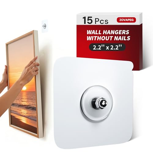 ZovaPeg 15 Pcs Adhesive Picture Hooks 20 lbs No Drill Screw Stickers Heavy Duty Picture Hangers...