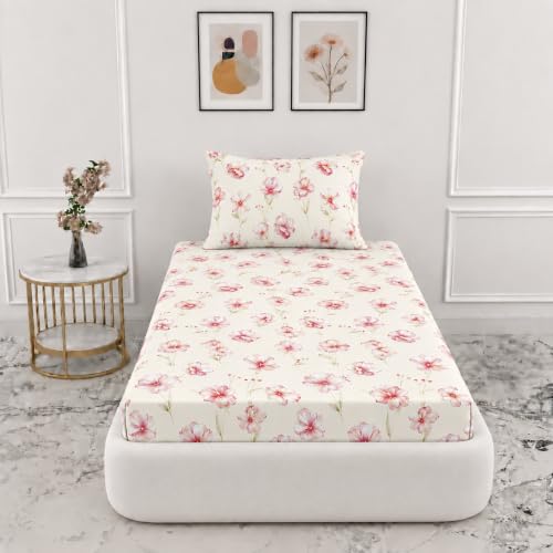 Image of VOMZER Single Size (36x72) 300 TC Soft Cotton Feel Microfiber All Around Elastic Fitted Single Bedsheet with 1 Pillow Cover | Pink Rose