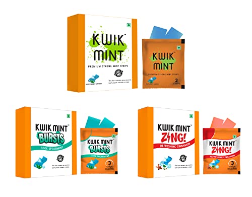 Kwik Mint Combo - Sugar Free Mouth Freshener Strips (Mints - Peppermint, Bursts - Spearmint and Zing - Cinnamon Flavoured) - Pack of 1