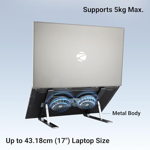 Image of Zebronics Laptop Stand with Fans, Up to 17 inch Laptop, 2X RGB Fans + Speed Controller, 58CFM Airflow, 7 Level Adjustable, Foldable, Type-C Port, Anti-Slip Silicone Pad, Anti-Rust (NS6000)