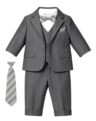 Image of Baby Boy Suits Formal Stripe Gentleman Tuxedo Suit Set Complete Dress Clothes Toddler Wedding Ring Bearer Outfit