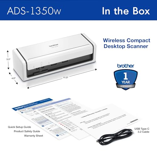 Image of Brother ADS-1350W Wireless Compact Desktop Scanner | Scan Speeds of Up to 30ppm | Single Pass Double-Sided Scanning (Renewed)