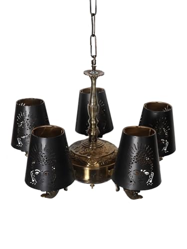 Image of Devansh 05 Lights Budha JI Metal Etched Shade with Antique Golden Chandelier -ZE