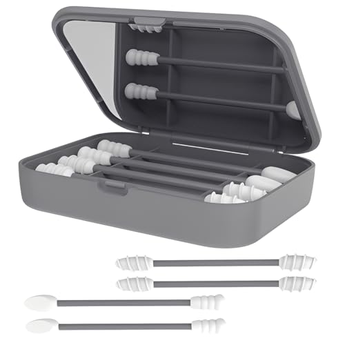 AEKZOX Lote de 4 Bastoncillos Reutilizables de Silicona para Limpieza de Oídos para Adultos y Bebés, Bastoncillos en Espiral para Maquillaje con Estuche de Almacenamiento