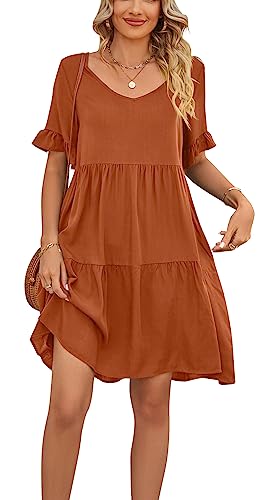Luotelk Femme Robe Ete en Décontractée à Col en V et à Manches Volantées,Couleur Unie Ligne A Robe Midi,Fluide Elegant Manches Courtes Robes avec Poches(2XL)