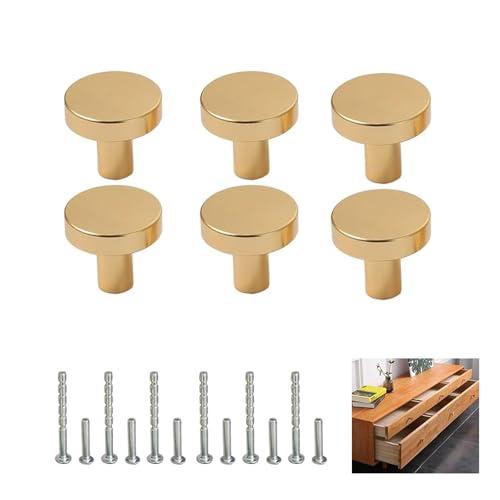 Sylkeov Pack de 6 Boutons de Tiroir en Laiton Massif, Poignées de Meuble Rondes Dorées avec 12 Vis, Idéal pour Armoires, Placards, Commodes et Meubles...