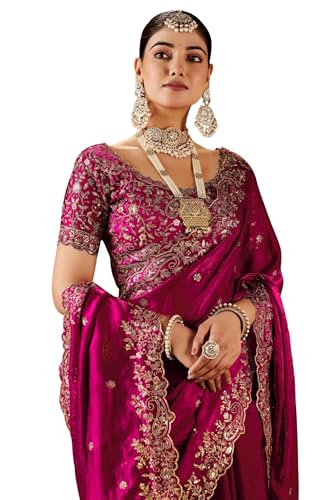 Image of DHARMEE Women's Silk Saree with Embroidered Blouse Piece, Traditional Parte Wear with Gold Border and Hand Work Lace Embellished, Solid /Plain, Applique, Woven, Bollywood Jimmy Jimmy, Satin Saree
