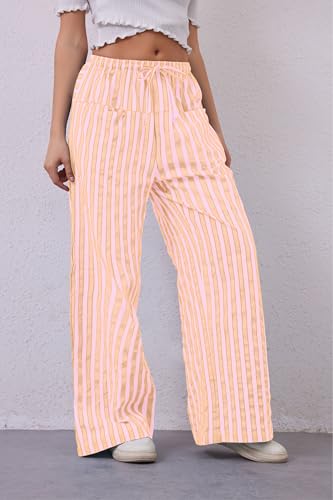 Image of MISSACTIVER Women Drawstring Striped Pants Loose Wide Leg Trousers Casual Low Waist Pants Comfy Lounge Pants with Pockets