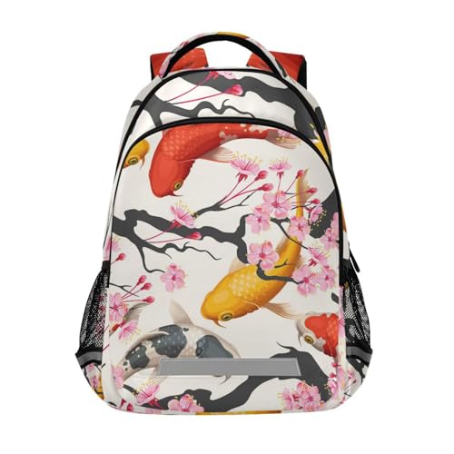 Bookbag Backpack for Teen Knapsack Grade Schoolbag Laptop iPad Tablet Rucksack Girls Boys Students Daypacks with Pockets Print Japanese Yellow Red Fishes Cherry Blossoms Branches