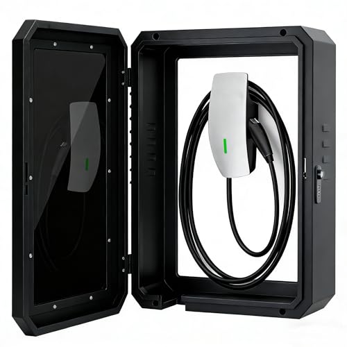 EV Charger Outdoor Enclosure, Charger Station Box for Tesla Wall Charger, Cable Cord Holder Lock Box, Heavy Duty Outdoor Charging Case, Black