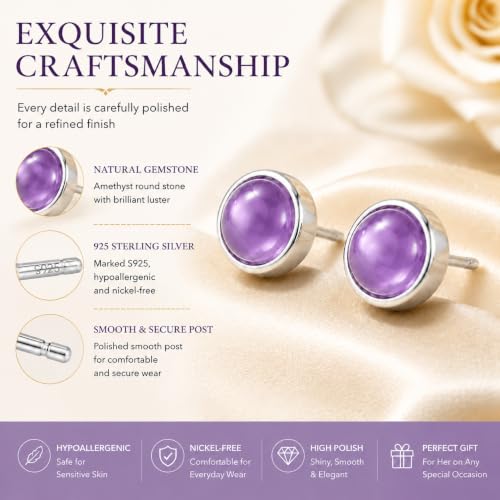 Natural Amethyst Stud Earrings for Women 925 Sterling Silver Hypoallergenic - image 2