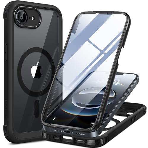 Miracase Magnetic Case for iPhone 17e Case & iPhone 16e case 6.1 [Built-in 9H Tempered Glass Screen Protector] Full Body Bumper Shockproof with Clear Back Cover Compatible with MagSafe (Black)