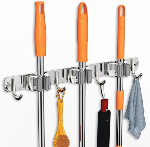 Image of Enclave Stainless Steel Mop and Broom Holder Wall Mounted Adhesive Storage Solutions for Broom mop etc, Garage Storage Systems Broom Organizer. (3 RACK 4 HOOK /SILVER, PACK OF 2)