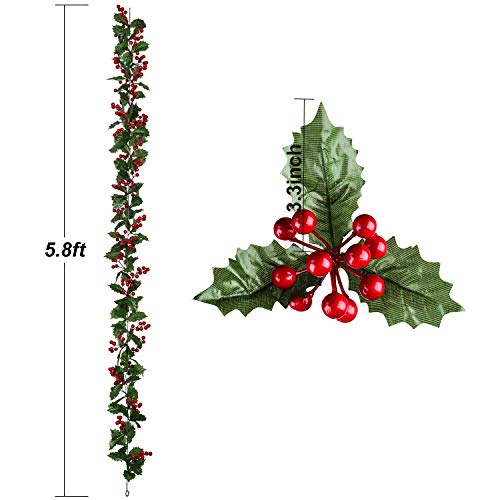 Lvydec Red Berry Garland Christmas Decoration - 5.8ft Artificial Greenery Garland with Red Berries and Holly Leaves for Holiday Fireplace Mantel Table Decorations