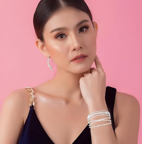 Jojomina MultiLayer Crystal Rhinestone Cuff Bracelet For Women Girls Silver Strand Layered Bridal Bracelet Jewelry for Prom Party Wedding Dating3