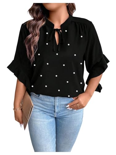 Floerns Women's Plus Size Pearl Beaded Tops Elegant Tie Neck Flounce Sleeve Dressy Casual Blouses...