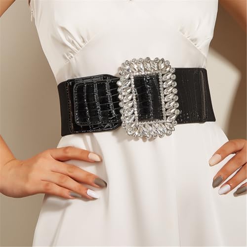 Adjustable Stretchy Wide Waist Belt With Decorative Crystal Buckles For Women’s Fashion3