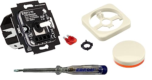 Busch Jäger 6523U-102 LED-Drehdimmer LED-Dimmer mit Dimmerscheibe Zentralplatte 2115-212 in DURO2000 cremeweiß glänzend inklusive EBROM Phasenprüfer zur Montage des Dimmers (6523 U 102)
