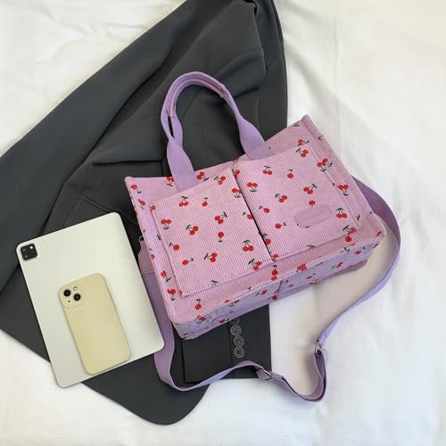Image of Cherry Tote Bag for Women Canvas Patched Purse Cute Shoulder Bag Multi-Pocket Satchel Handbag for work travel