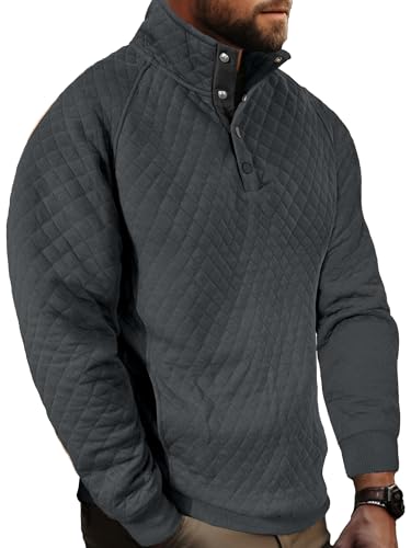 Comdecevis Mens Quilted Pullover Sweatshirt Casual Long Sleeve Mock Neck Sweater Waffle Pullover Polo with Pockets