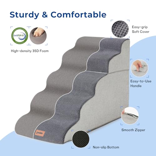 Dog Stairs for High Beds 22.8" H - Pet Stairs Ramp for Couch, 35D Foam Dog Steps for Small to Large Dogs with Non-Slip Bottom Grey, 5 Steps - Image 5