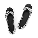 Frank Mully Women’s Knit Ballet Flat Round Toe Slip On Flats Shoes Classic Low Wedge Ballerina Walking Flats Shoes Black and White Grid, 7.5