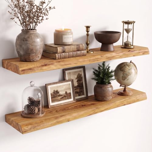 Image of Fun Memories 30 inch Wall Mounted Floating Shelves, Natural Elm Wood, 2 Pack