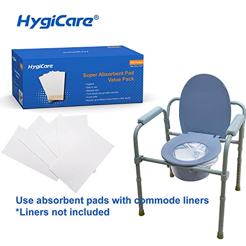 Hygicare Super Absorbent Pads Value Pack -100 Count -Medical Grade Fits All Portable Toilet Bags, Bedside Commode Chairs, Bedpan Liners, Camping, Turning Body Fluids Into Gel, Greatly Reduce Odor #TOP2
