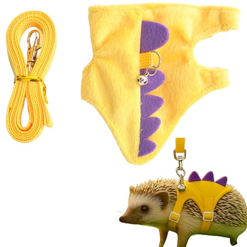 Image of Adjustable Hedgehog Leash and Harness with Safe Bell, Dinosaur Shaped Harness Leash for Training Playing, Hamster Clothes for Ferret Guinea Pig Hamster, Hedgehog Accessories (Yellow)