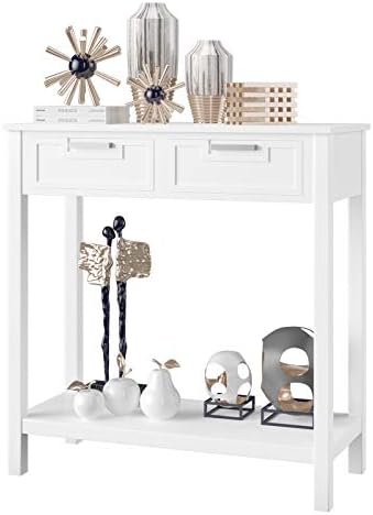 COSTWAY Console Side Table, Modern PC Computer Writing Desk with 2 Drawers and Bottom Shelf, Living Room Entryway Hallway Narrow End Sofa Tables (White)
