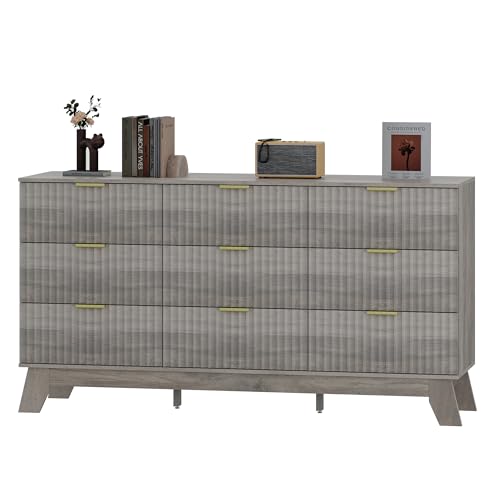 Image of HUANLEGO Fluted Dresser for Bedroom with 9 Drawers, 57 inch Mid Century Modern Dresser of Closet TV Stand, Nature Wood Dressers with Gold Handle, Boho Closet Wide Modern Chest of Drawers, Grey