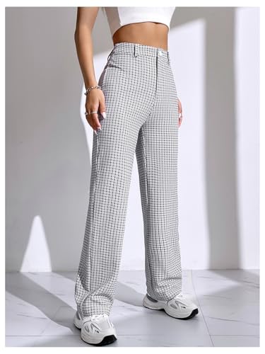 SweatyRocks Women's High Waist Plaid Dressy Casual Work Pants Straight Leg Stretchy Trousers4