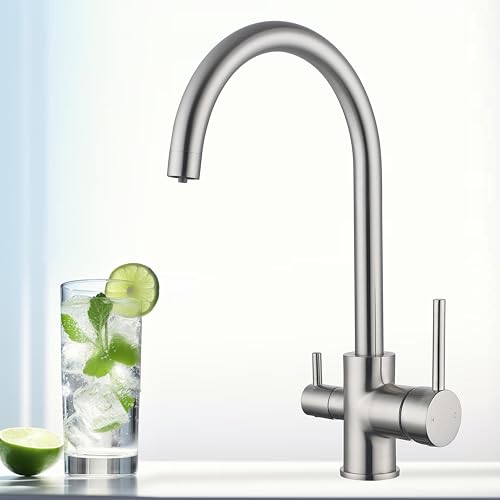 Techzm 3 in 1 Kitchen Tap with Drinking Filtered Water Outlet Double Handle Drinking Water Kitchen Faucet Sink Rotatable Mixer Brushed Nickel