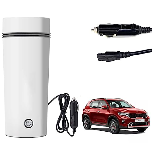 Image of Oshotto 12V Portable Electric Water Bottle for Hot Water Tea Coffee Kettle Mug Multipurpose Food Grade Fast Boil Auto Shut-off For Travel Camping, Road Trip Compatible with Kia Sonet (350ml) - White