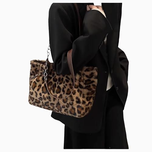 Plush Faux Fur Leopard Print Handbag，Y2K Furry Fur Purse，Chain Fuzzy Strap Cheetah Print Shoulder Tote Bag For Women Gift4