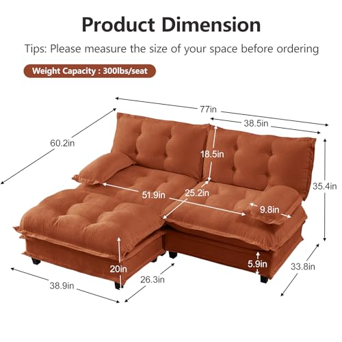 Image of 77 inch L-Shaped Sectional Couches for Living Room, Orange 2 Seater Modern Chenille Deep Seat Sofa Set, Salas para Casa, High Back Love Seat Couches, Cloud Modular Sectional Sets with Ottoman