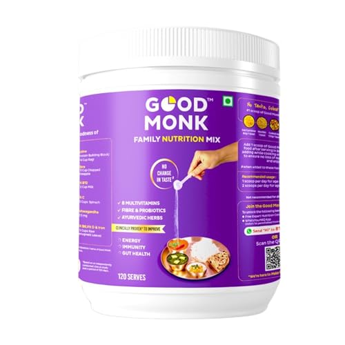Image of Good Monk Clinically Proven Multivitamin Mix for Kids, Men & Women | For Energy, Immunity, Gut Health | With Probiotics, Fibre, Vit B12, C, D, Iron, Zinc | Add To Food - No Taste Change | 120 Serves Value Pack Jar
